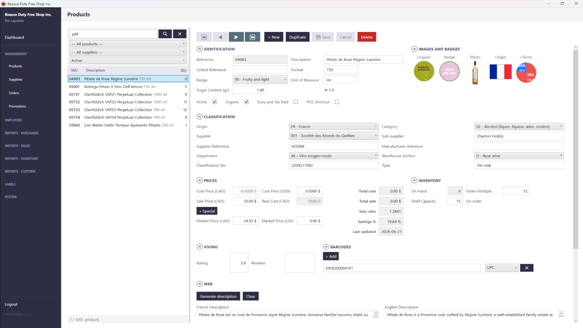 Fiche produit avec prix, classification, inventaire et codes-barres