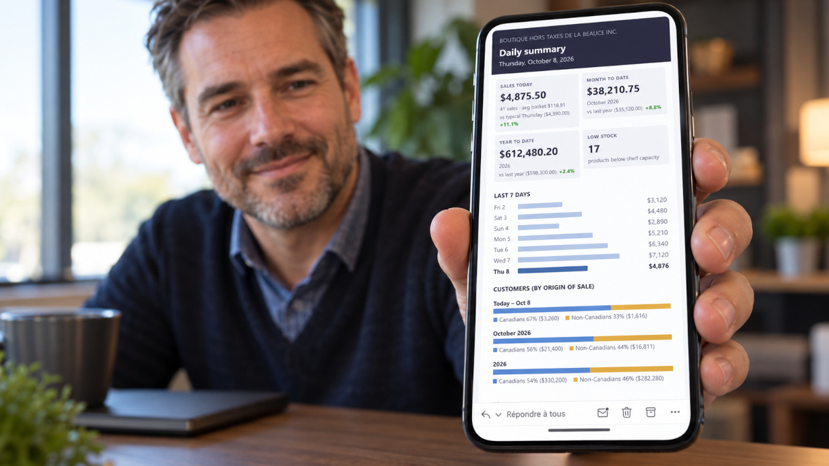 Un gestionnaire tient un téléphone affichant le courriel de résumé quotidien DutyFreeOps : ventes, cumul du mois et de l'année, stock bas et clientèle selon l'origine